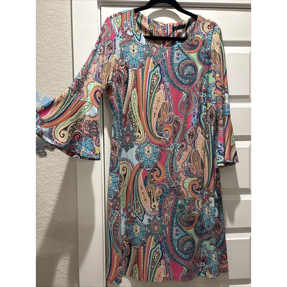 Tommy Hilfiger Women's 12 Knee Length Dress Bright Paisley Print Bell Sleeve